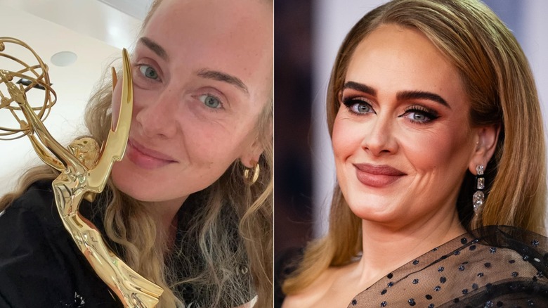 Split image of a selfie of Adele on Instagram and Adele smiling at a ceremony