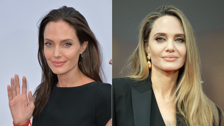 Split image of Angelina Jolie with little makeup on and with a lot of makeup on
