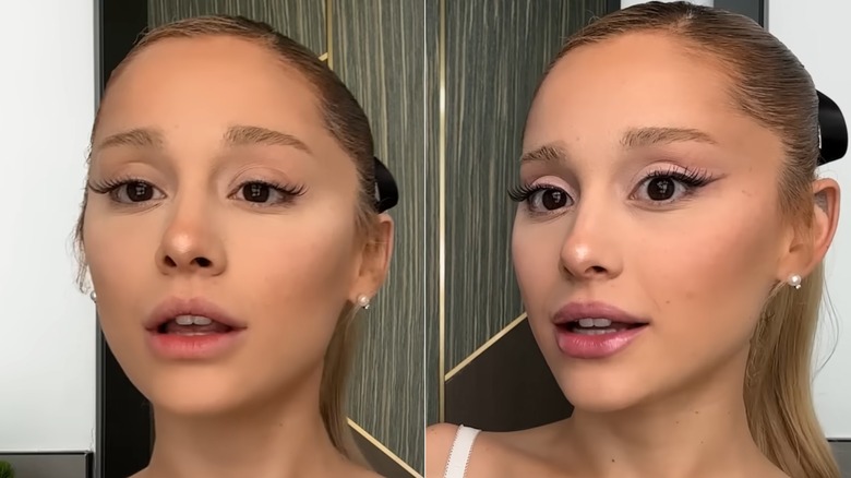 Split image of Ariana Grande in the same video, one with less eyeliner and one with more