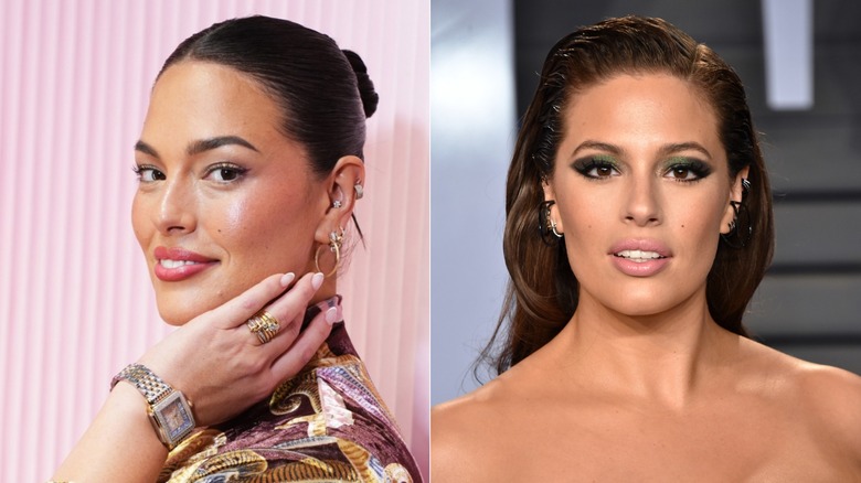 Split image of Ashley Graham with light makeup at one event and dark makeup at another event