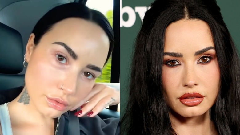 Demi Lovato with no makeup on and later at an event with eyeliner on