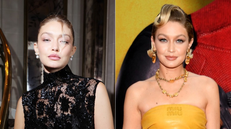 Split image of Gigi Hadid with barely any makeup and with heavy eyeliner in yellow