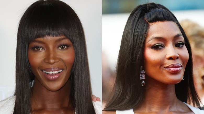Split image of Naomi Campbell with light makeup on and later with heavy eyeliner