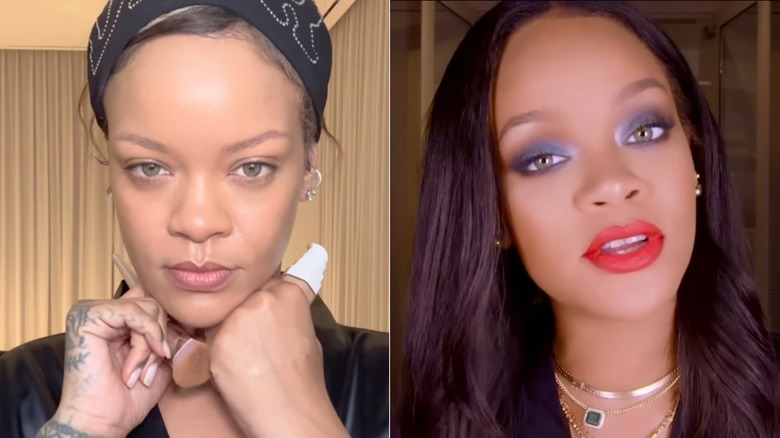 Split image of Rihanna in a video on Instagram and in a video on YouTube