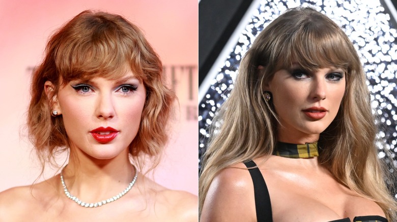 Split image of Taylor Swift with light makeup and with heavy makeup