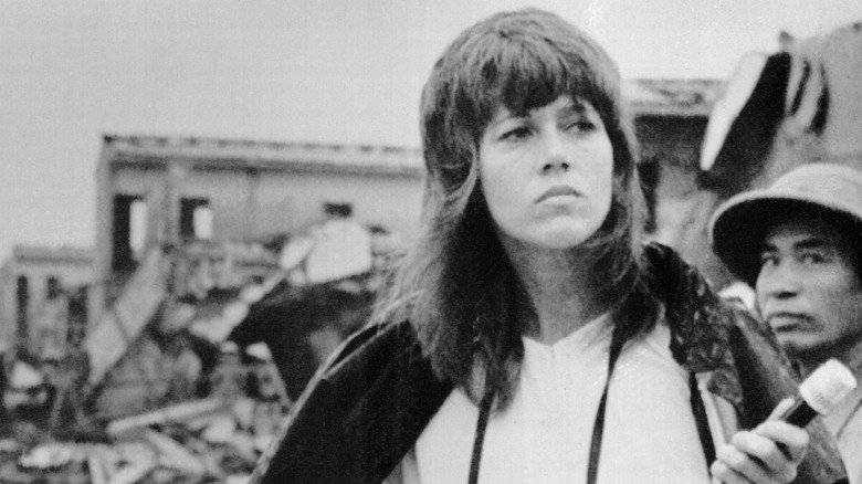 Jane Fonda touring bombing site during visit to Vietnam