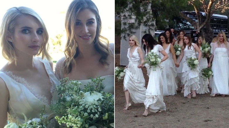 Selfie of Emma Roberts and Sarah Uslan wearing white and holding bouquets & snapshot of Emma Roberts walking with other bridesmaids in white dresses