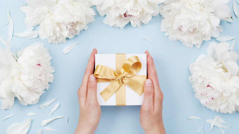 Hands holding a small gift box 