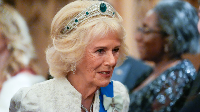 Queen Camilla wearing Princess Eugenie's wedding tiara