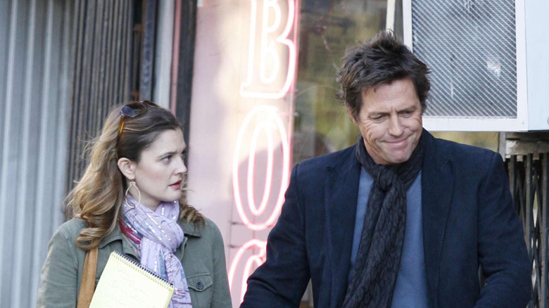 Drew Barrymore and Hugh Grant photographed on the set of "Music and Lyrics" on December 6, 2006