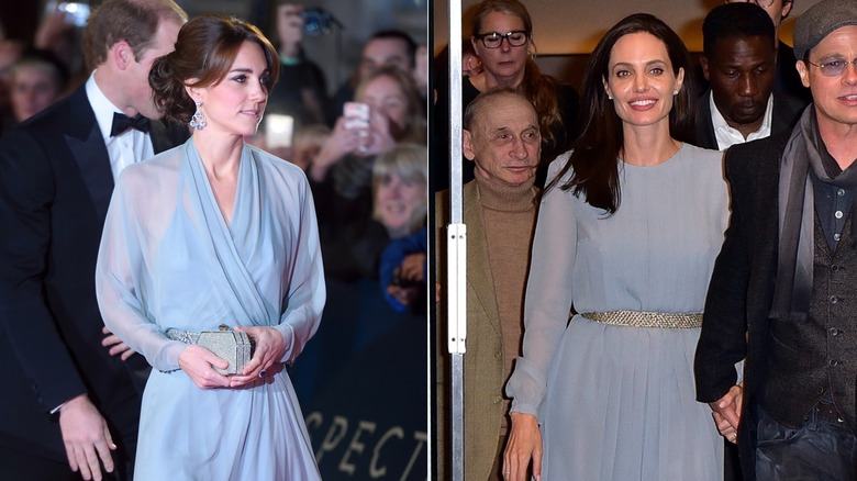 Catherine, Duchess of Cambridge attends the Royal Film Performance of "Spectre" at the Royal Albert Hall on October 26, 2015 in London, England (2015); Angelina Jolie and Brad Pitt leave the City Cinemas on November 3, 2015 in New York City (2015)