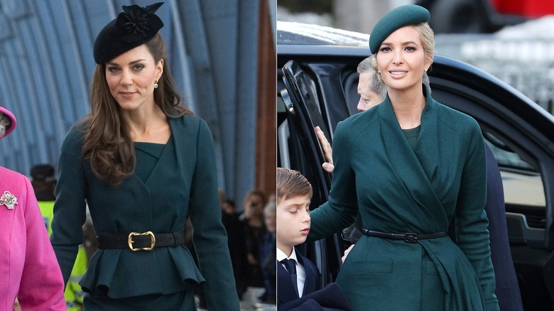 Catherine, Duchess of Cambridge arrives at St Pancras station, before boarding a train to visit the city of Leicester, on March 8, 2012 in London, England (2012); Ivanka Trump, daughter of U.S. President-elect Donald Trump, arrives with her family for services at St. John's Church on January 20, 2025 in Washington, DC