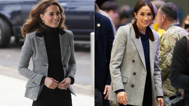 Catherine, Duchess of Cambridge arrives at Basildon Sporting Village on October 30, 2018 in London, England (2018); Meghan, Duchess of Sussex attends the wheelchair basketball match between the USA v Nigeria during day one of the 2025 Invictus Games at the Vancouver Convention Centre on February 9, 2025 in Vancouver, British Columbia (2025)