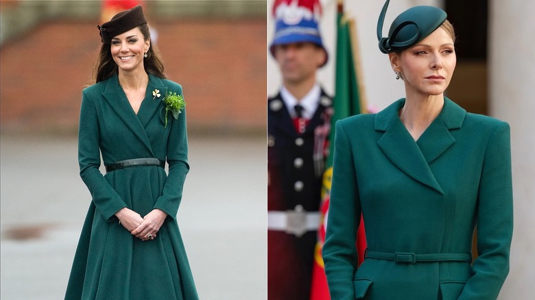 Catherine, Duchess of Cambridge takes part in a St Patrick's Day parade as she visits Aldershot Barracks on St Patrick's Day on March 17, 2012 in Aldershot, England (2012); Prince Albert II and Princess Charlene of Monaco host a welcome ceremony for Portugal's President Rebelo de Sousa in Monaco in November 2025 (2025)