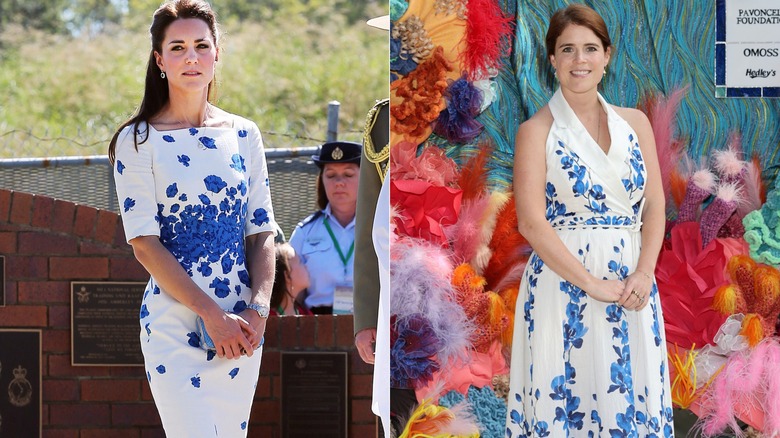 Catherine, Duchess of Cambridge visits RAAF Amberley on April 19, 2014 in Brisbane, Australia (2014); HRH Princess Eugenie of York attends the launch of "Thirty Six For Coral", an art exhibition supporting coral preservation on June 12, 2025 in Nice, France (2025)