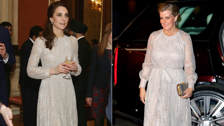 Catherine, Duchess of Cambridge attends a reception to mark the launch of the UK-India Year of Culture 2017 on February 27, 2017 in London, England (2017); Sophie, Countess of Wessex attends the 2022 Royal Variety Performance at the Royal Albert Hall on December 1, 2022 in London, England (2022)