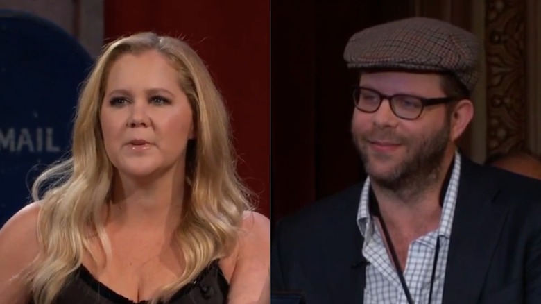 Split photo of Amy Schumer and Jason Stein on "Jimmy Kimmel Live!" in 2017