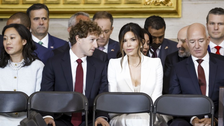 Priscilla Chan, Mark Zuckerberg, Lauren Sánchez, and Jeff Bezos sitting together at Donald Trump's Inauguration in 2025