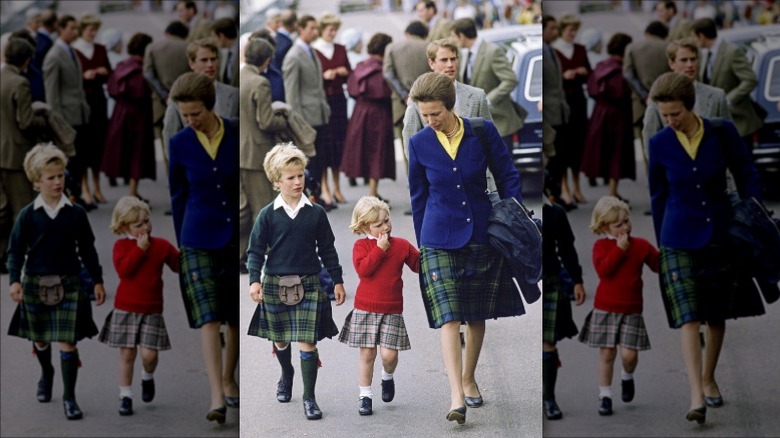 Princess Anne walking with Peter Phillips and Zara Tindall