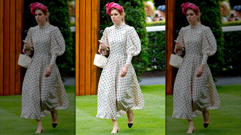 Princess Beatrice walking in a garden full-body