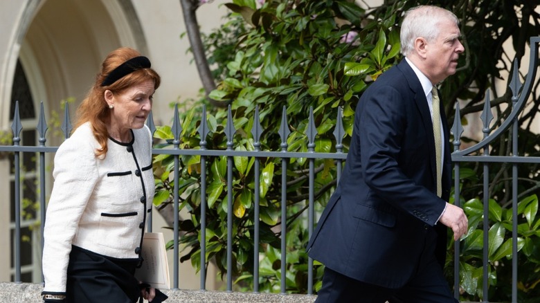 Sarah Ferguson walking behind Prince Andrew on her way to Easter service