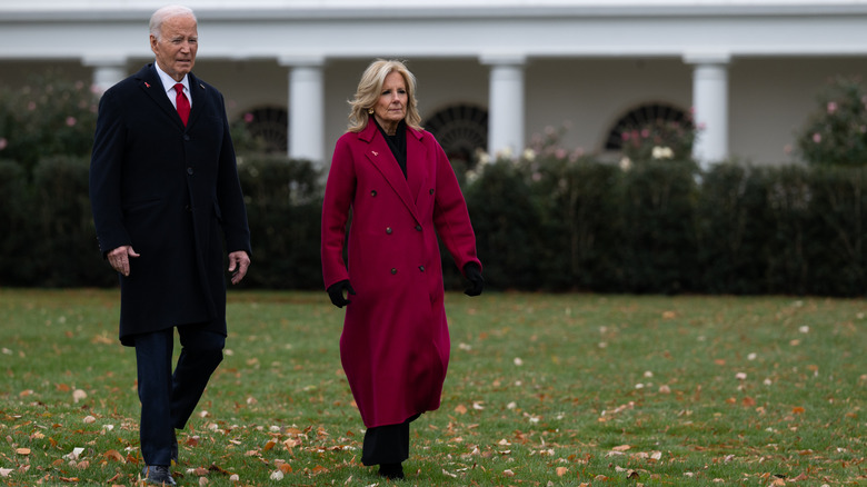 U.S. President Joe Biden and first lady Jill Biden arrive for a World AIDS Day event on the South Lawn at the White House on December 1, 2024