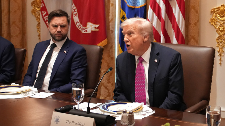 Donald Trump speaks while seated at a table in the White House as JD Vance frowns at him