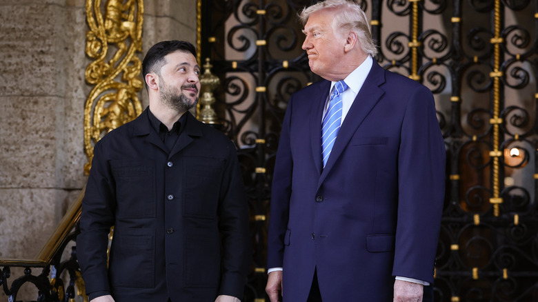 Ukrainian President Volodymyr Zelensky looking up at a furious-looking Donald Trump