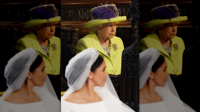 Queen Elizabeth sitting in the pews behind Meghan Markle at the Sussex wedding