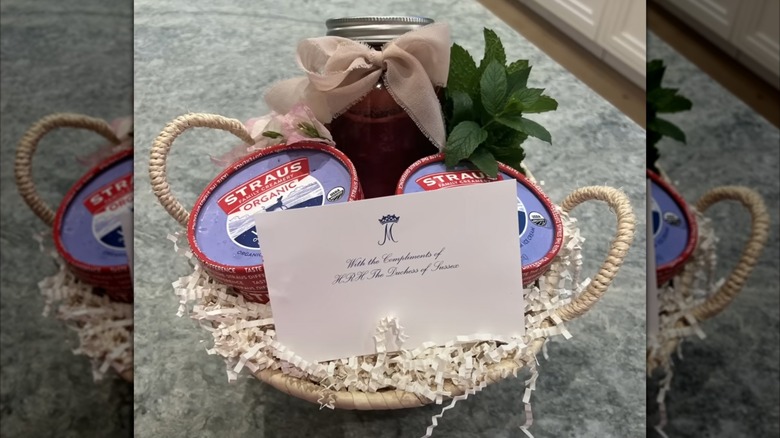 A close up of a gift basket from Meghan Markle on the Jamie Kern Lima show