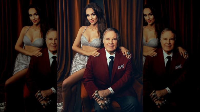 Jordon Hudson and Bill Belichick posing backstage at the 14th Annual NFL Honors with his Super Bowl rings
