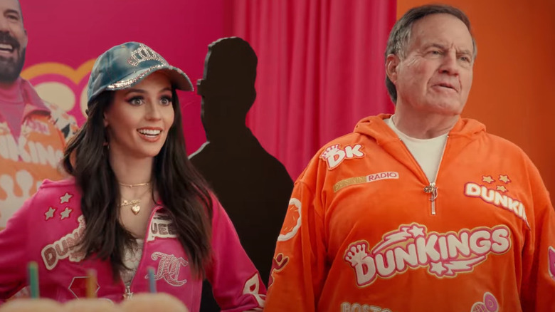 Jordon Hudson and Bill Belichick wearing Dunkin Donuts gear in a Super Bowl ad