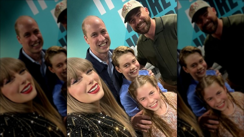 Taylor Swift, Prince William, Prince George, Princess Charlotte, and Travis Kelce posing for a selfie