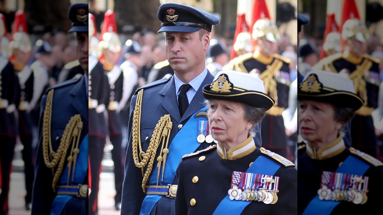 Prince William standing behind Princess Anne both in military uniform