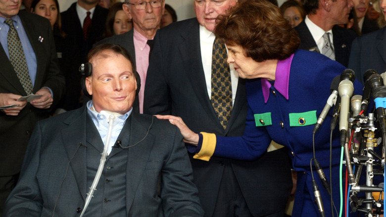 Dianne Feinstein greeting a smiling Christopher Reeve on Capitol Hill
