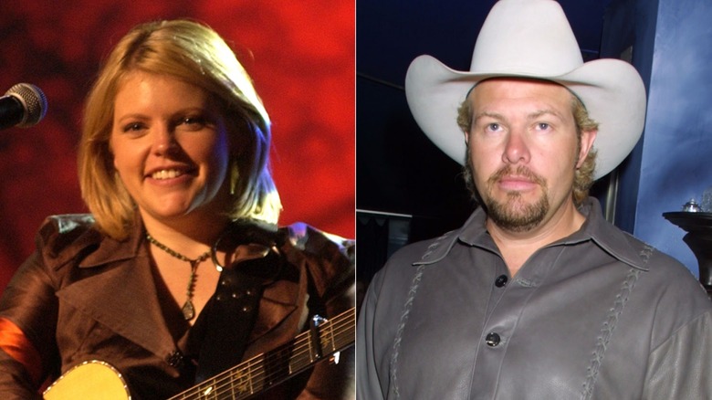 Side by side images of The Chicks' Natalie Maine and Toby Keith, both photographed in the early 2000s