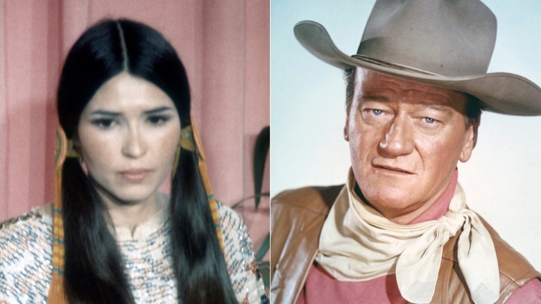 A split image of Sacheen Littlefeather and John Wayne in his cowboy getup