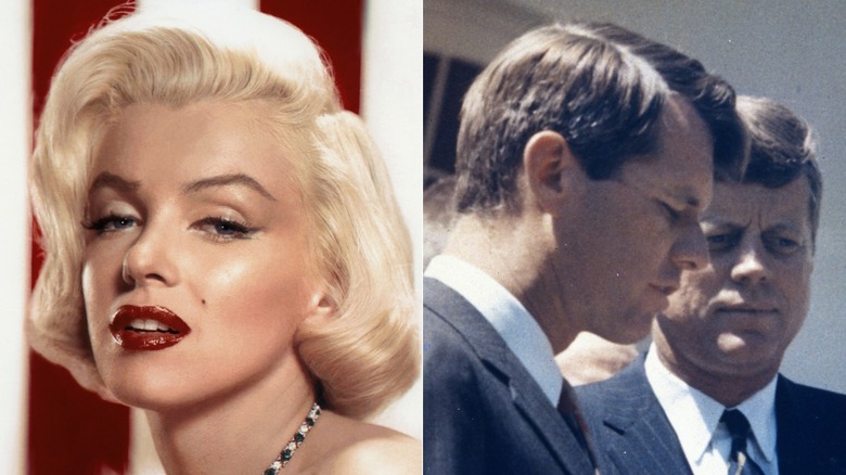 A split image of Marilyn Monroe and both RFK and JFK
