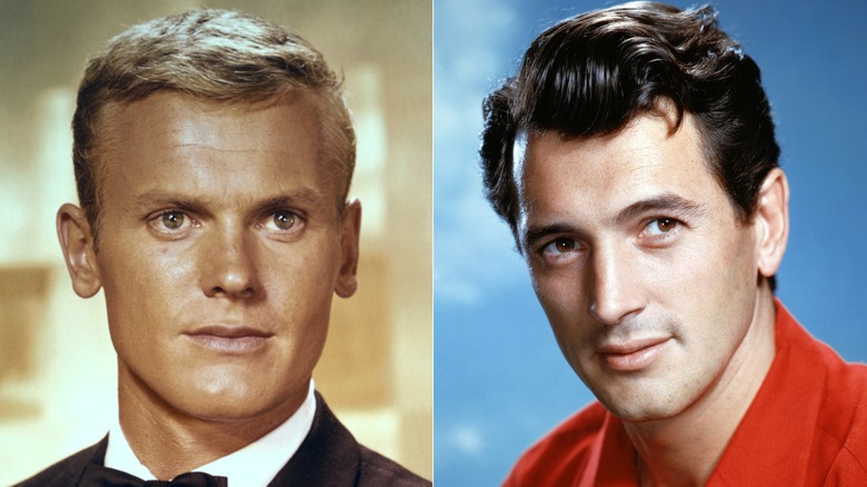 A split image of headshots of Tab Hunter and Rock Hudson