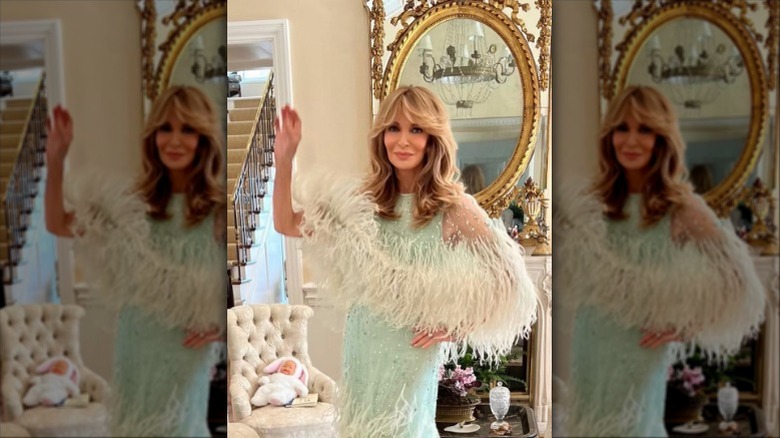 Jaclyn Smith posing in her Monique Lhuillier before her son's wedding