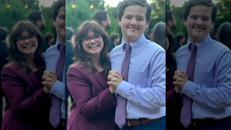 Valerie Bertinelli posing with a family member at Wolfgang Van Halen's wedding in 2023.