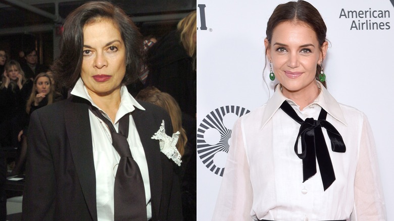 Split image of Bianca Jagger at NYC Fashion Week 2004 and Katie Holmes at NY Film Festival in 2019