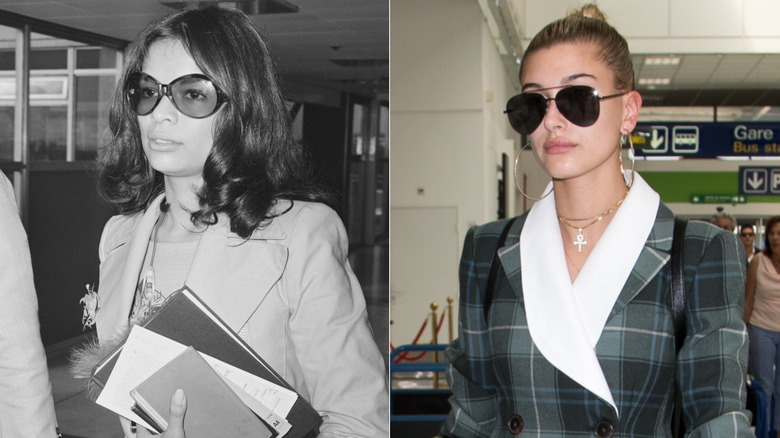 Split image of Bianca Jagger in 1970 and Hailey Bieber in 2017