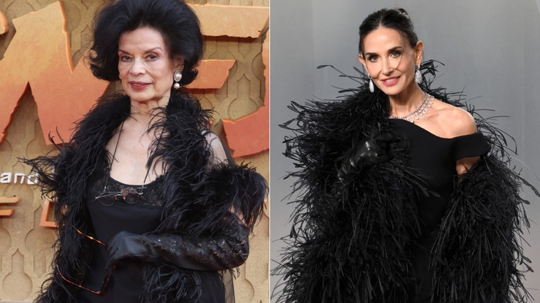 Split image of Bianca Jagger in 2023 and Demi Moore in 2026