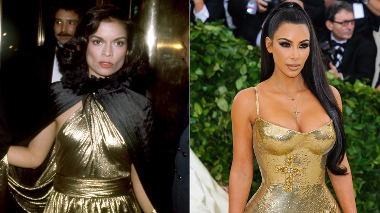 Split image of Bianca Jagger at the Met Gala in 1977 and Kim Kardashian at the Met Gala in 2018