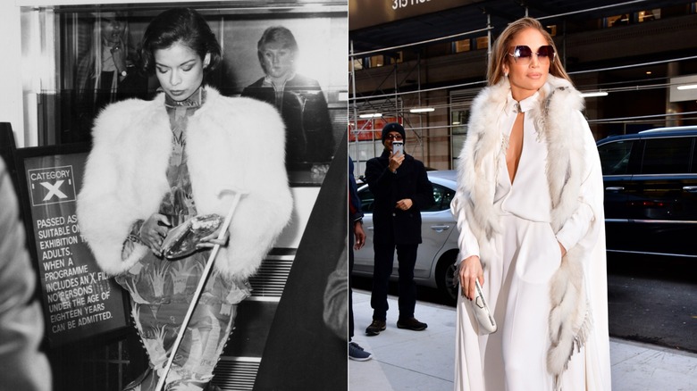 Split image of Bianca Jagger in fur at the 'Don't Look Now' premiere in 1973 and Jennifer Lopez in fur at WWHL in 2018