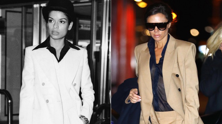 Split image of Bianca Jagger in 1972 and Victoria Beckham in 2017