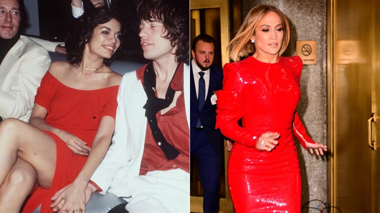 Split image of Bianca and Mick Jagger at Studio 54 in 1977 and Jennifer Lopez in New York City in 2019