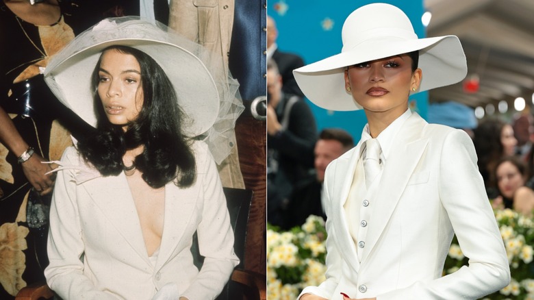 Split image of Bianca Jagger's 1971 wedding and Zendaya at the Met Gala in 2025