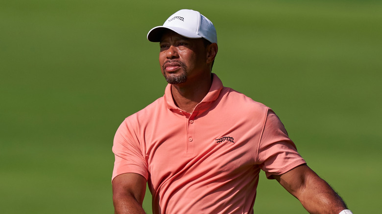 An image of Tiger Woods playing golf in a red shirt